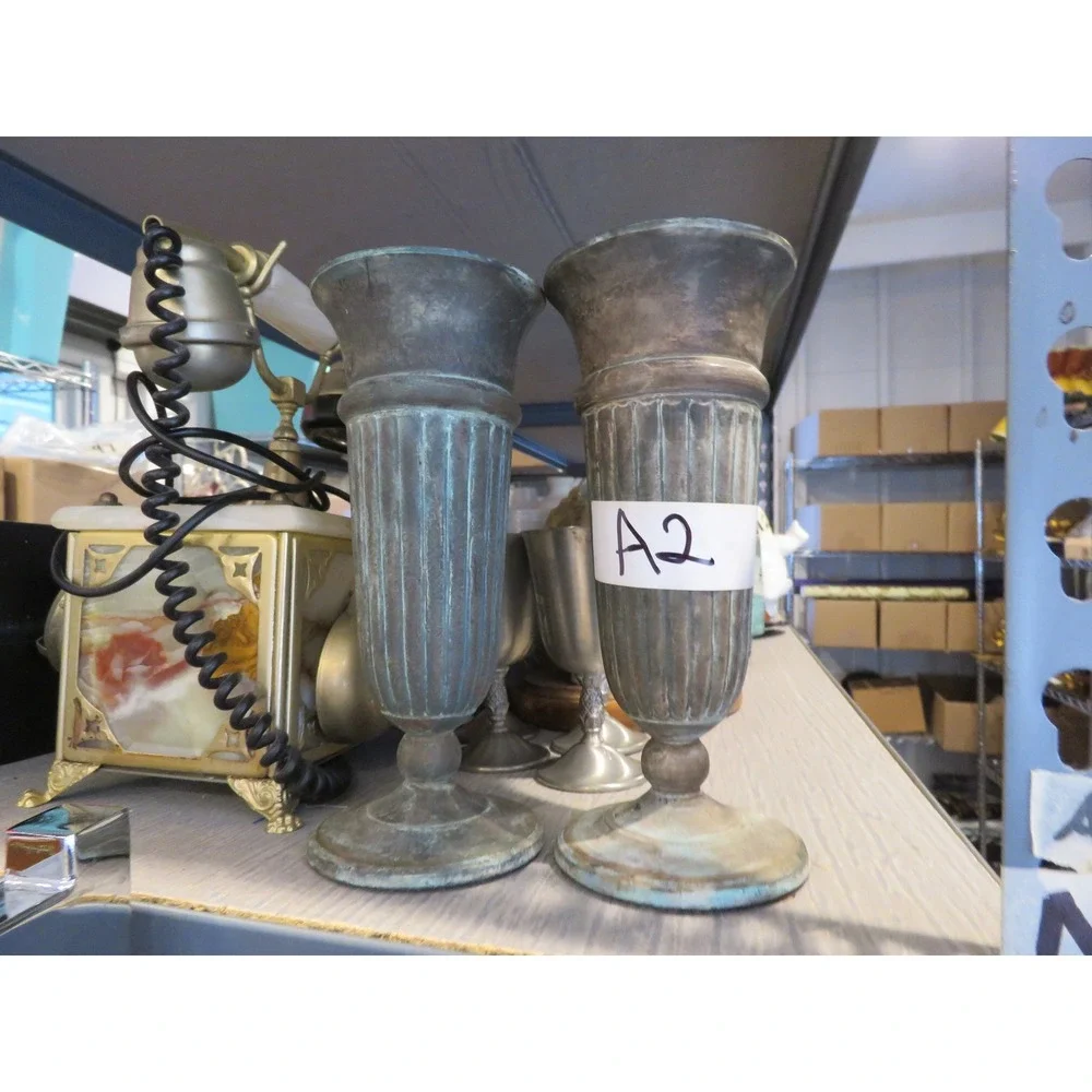 VTG Set of 2 Andrea by Sadek Metal Tulip Pedestal Vases with Verdigris Patina